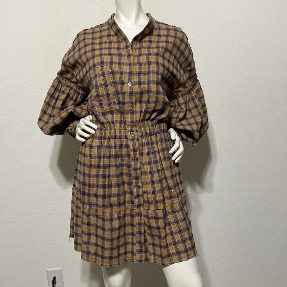 Talulah Kate Plaid Oversized Navy Blue & Brown Mini Dress Size M